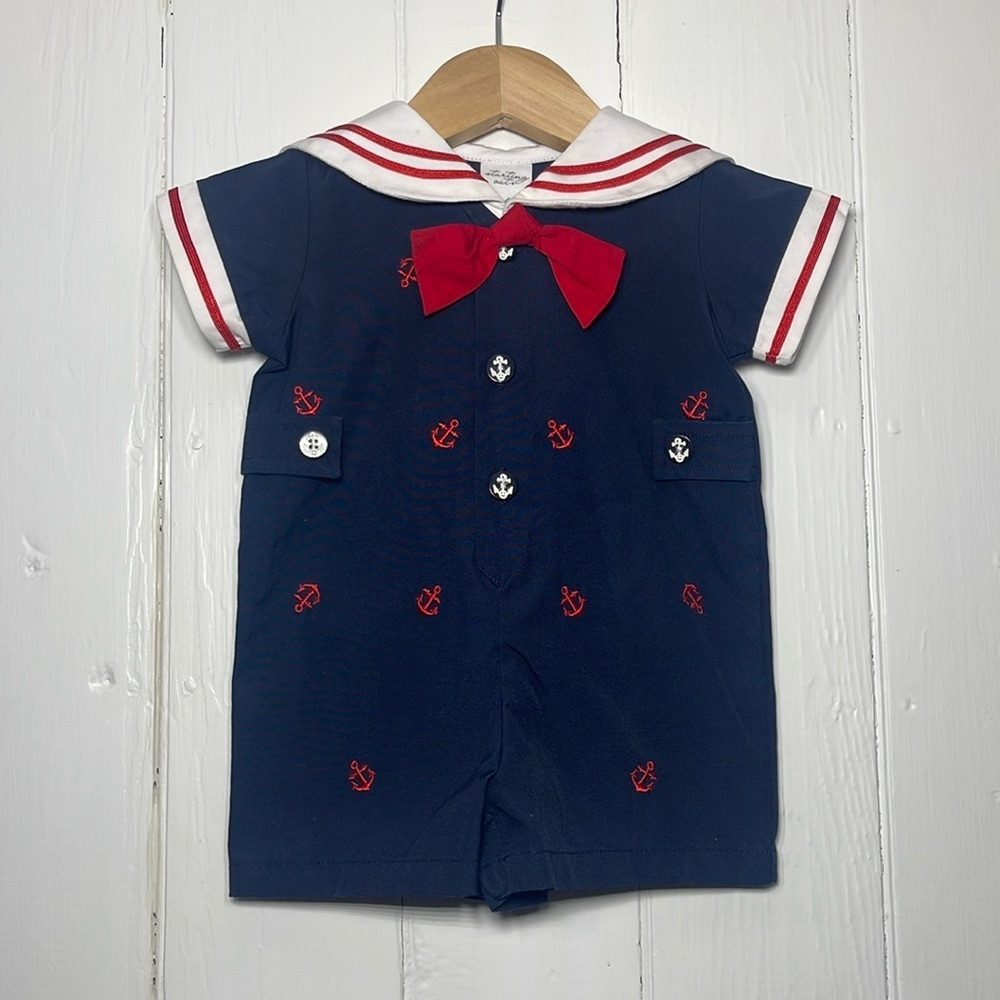 STARTING OUT NWOT Boys Navy Nautical Sailor Embroidered Anchor Romper